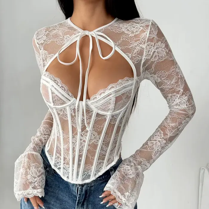 Chemise Corset en dentelle, Sexy, arête de poisson, transparent, évasé, manches longues, hauts pour 