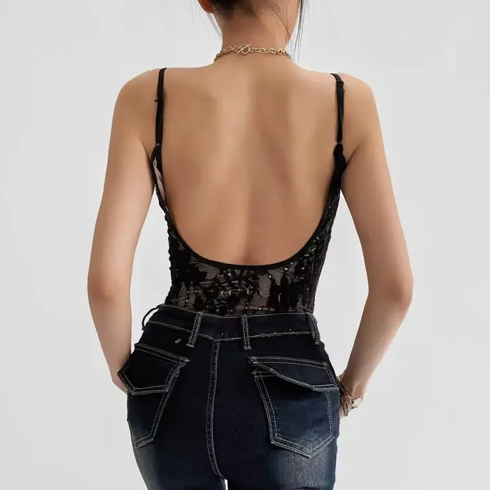 Sexy voir à travers la dentelle avec doublure dos nu Spaghetti sangle body femme fronde serré combin