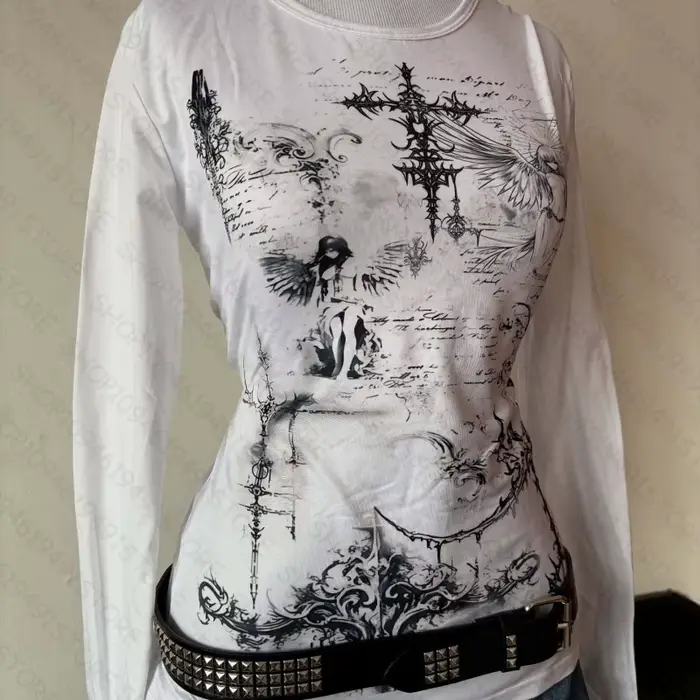 Y2k style esthétique doux et sexy haut à manches longues pour femmes décontracté gothique punk impri