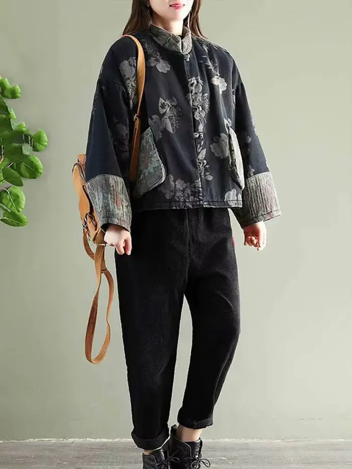 Amax LuluE Čínsky dizajn Dámske teplé parky Ženy Vintage Kvetinový Denim Zima prešívané bundy Voľný čas nadrozmerné