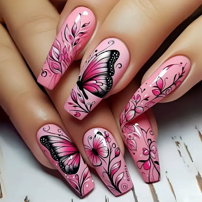 24 pièces/ensemble faux ongles mi-longs dégradé bleu océan poisson soleil fleurs papillon carré ball