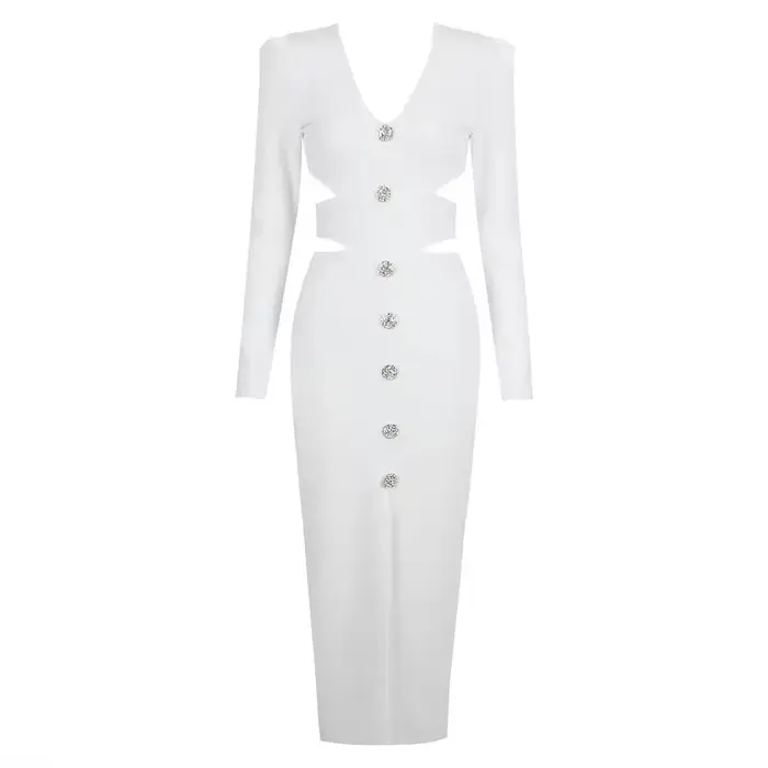 Robe mi-longue à bandes pour femmes, col en V, fendue, découpée, élégante, moulante, Sexy, mode, man
