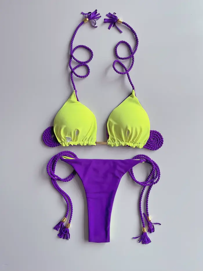 Sexy jednofarebné dvojdielne trojuholníkové bikiny pre ženy s pletenou šnúrkou