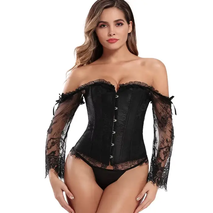 Štýlové Gotické Dlhé rukávy Sexy Sexy Bez Pasu Čipka-Up Ramená Overbust Korzet Ženy Telo Pasu Tréner Cincher Shapers Bustiers