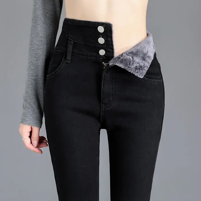 Thermique hiver épais polaire taille haute chaud jean moulant épais femmes Stretch bouton crayon pan