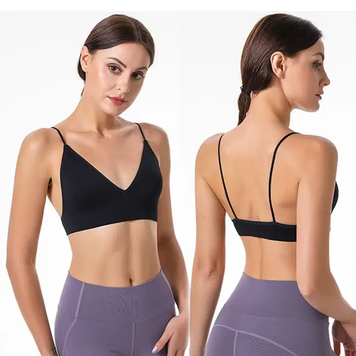 Soutien-gorge de sport push-up sans armatures pour femmes, bonnets triangulaires fins, décolleté en V, haut de fitness et yoga, crop top, coupe triangle nylon