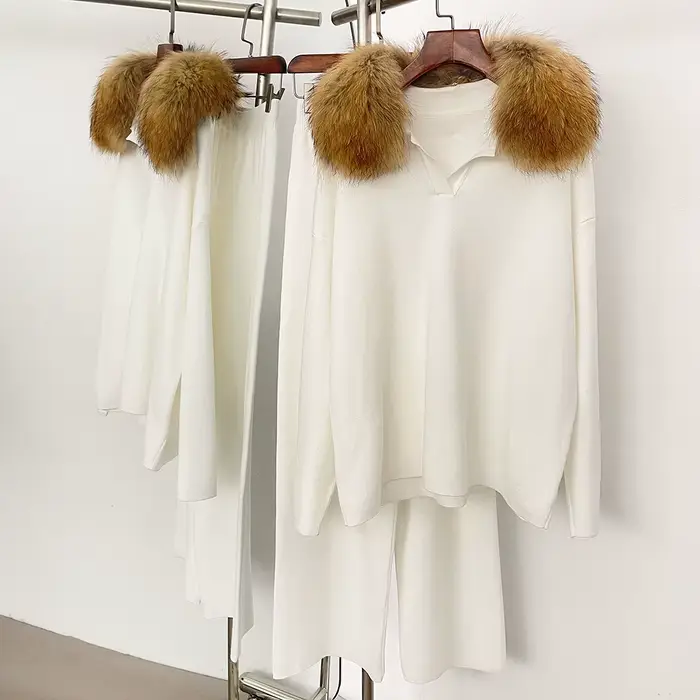 Réalité fourrure veste pull ensemble femme printemps tricoté costume tricots femme réel renard col d