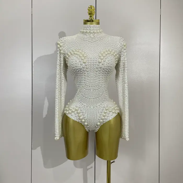 Biela korálková kombinéza pre ženu sexy ceruzka nohavice klubová párty narodeninová párty DJ scéna noc