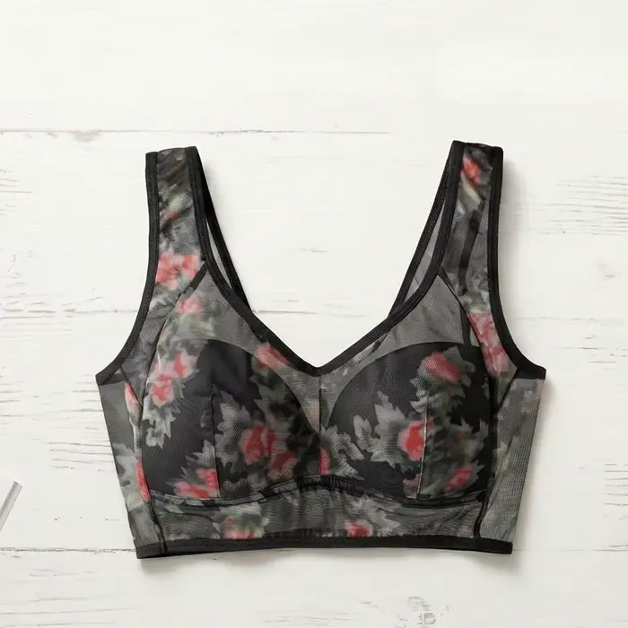 Soutien-gorge de nuit push-up en dentelle florale pour femme, sans couture, grande taille, imprimé floral, sous-vêtement type débardeur, avec bande élargie, en maille de soie glacée, pour personnes âg