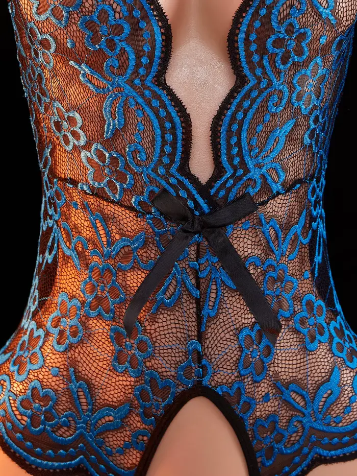 Nouvelle Lingerie Érotique Femme Combinaison Babydoll Bodysuit en Dentelle Transparente Bleu Exotique à Manches Courtes Dos Nu Découpes Décolleté Plongeant Style Pyjama Occasions Spéciales