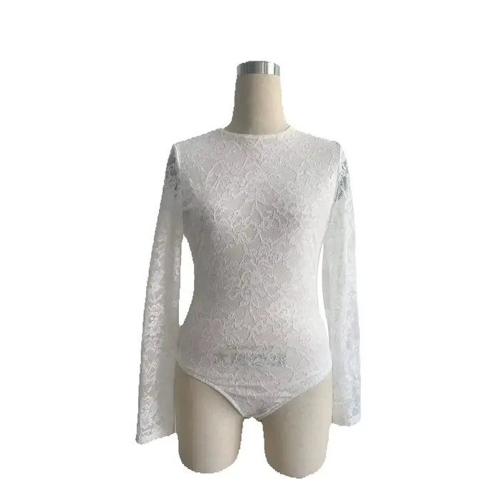 Body une pièce blanc en dentelle et résille à manches longues pour femme, sexy, dos nu, col rond, mo
