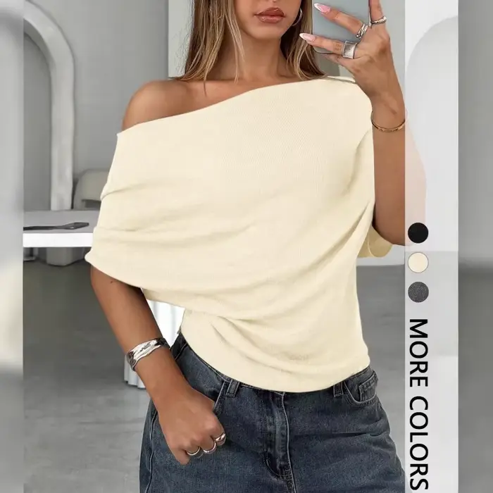 BKQU T-shirts d'été sexy à une épaule, mode slim, manches courtes chauve-souris, crop tops froncés, 