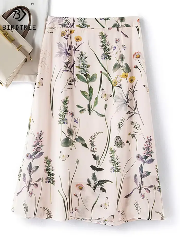 Elegantná dlhá sukňa Birdtree z 100% prírodného hodvábu