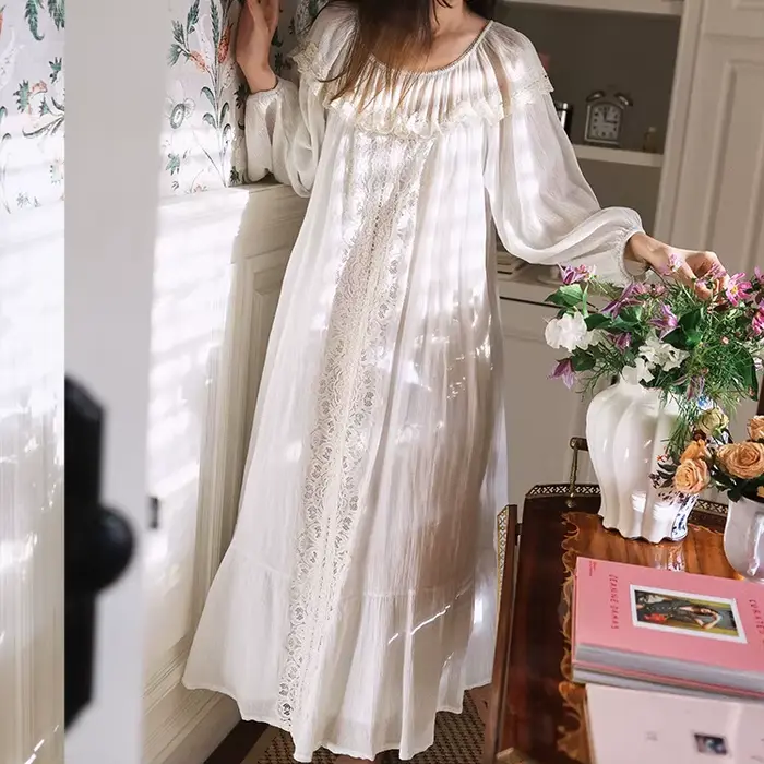 Francúzska víla voľná romantická čipka nočná košeľa pre ženy dlhá biela retro palác Vintage