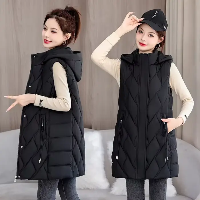 2025 automne hiver mi-long vers le bas coton veste femmes gilet manteau à capuche gilet décontracté 