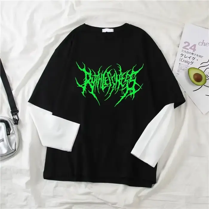 Punk štýl tmavý potlačený okrúhly výstrih Y2K športové Harajuku tričko pre ženy dlhý rukáv voľné