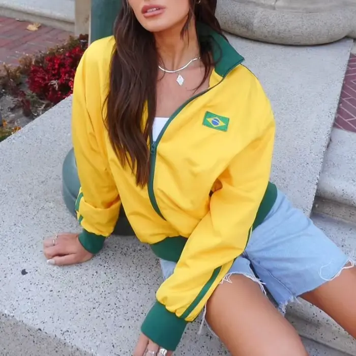 Vestes Gothiques Rétro Grunge des Années 2000, Manteau Y2k Esthétique PVD Jaune Brésil Lettre Brodée