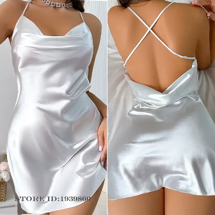 Chemise de nuit à bretelles pour femmes, vêtements de nuit en Satin de soie, Sexy, dos nu, bretelles, vêtements de nuit, nouvelle collection été, vêtements de maison amples