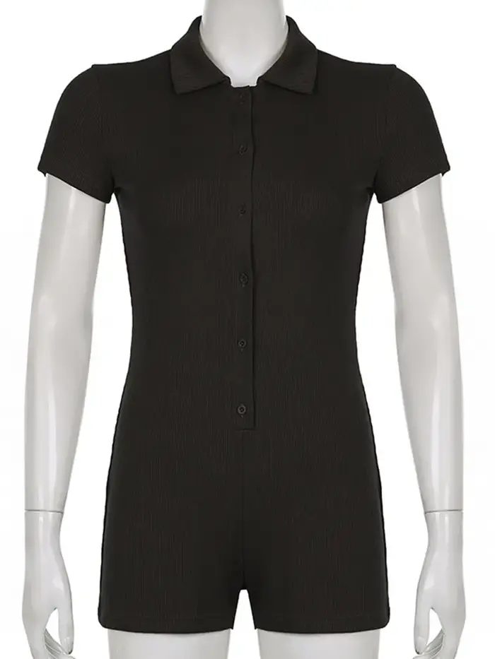 Combinaison noire côtelée à col rabattu pour femmes, body à manches courtes, simple boutonnage, bouton, moulante, une pièce