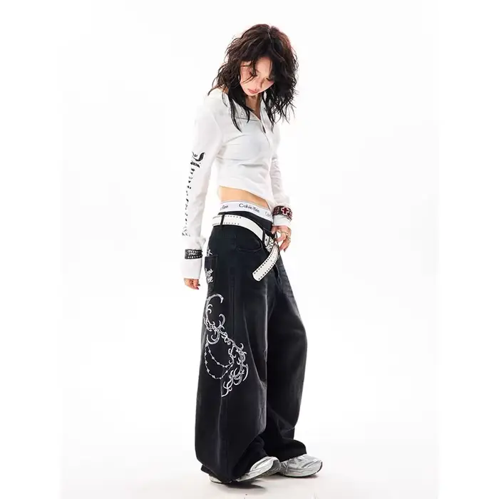 YIBASHU Dámske Vintage vyšívané Y2K Baggy džínsy s vysokým pásom 2000s široké nohavice Denim