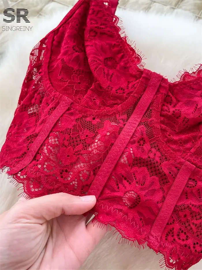 SINGREINY - Sexy čipka dvojdielny oblek pre ženy, bez ramienok košieľka + nepravidelný elastický pás sukne, módne gaze party sety