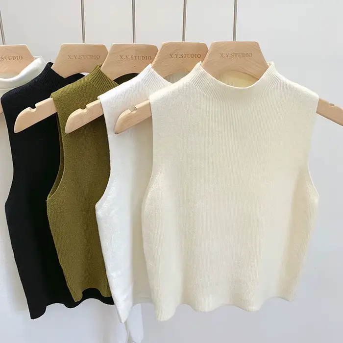 Dámske tričko bez rukávov jednofarebné pletené crop top camisole polovičný rolák jar jeseň