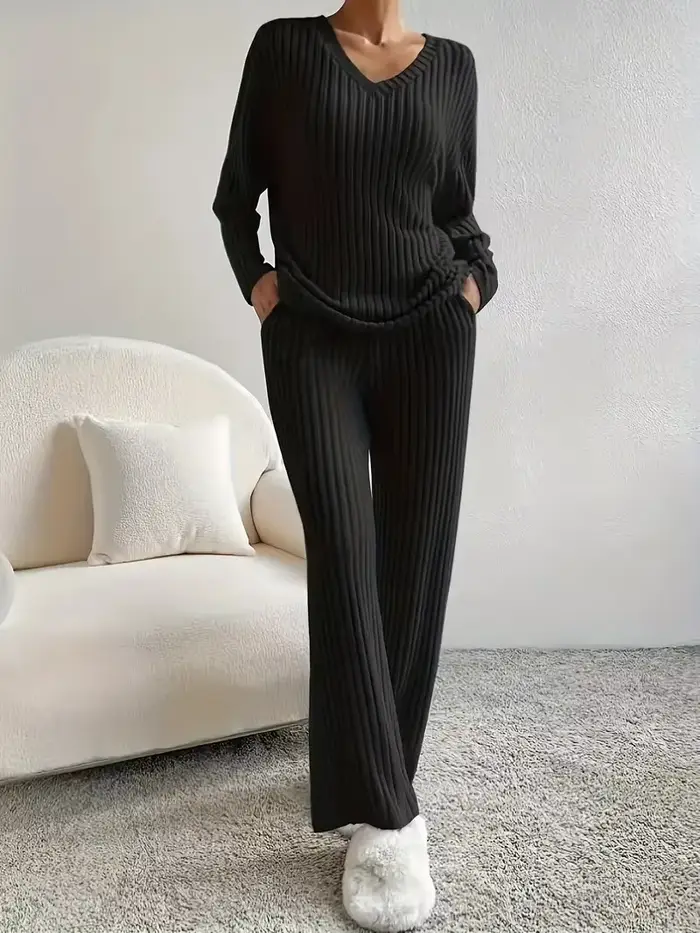 Ensemble pyjama 2 pièces pour femmes, vêtements de nuit, col en v, hauts et pantalons en tricot côte