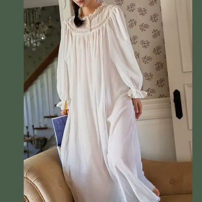 100% elegantná bavlnená nočná košeľa s princeznou Victoria čipkou pre ženy, dĺžka členku, ideálna pre jarné noci a špeciálne príležitosti,