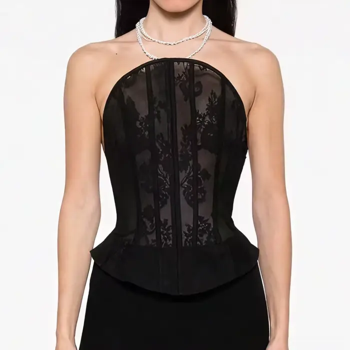 Čierny priesvitný čipkovaný bustier pre ženy