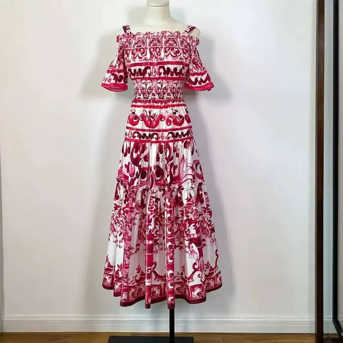 Robe mi-longue en coton bleu et blanc avec imprimé porcelaine pour femme, robe de créateur de piste 
