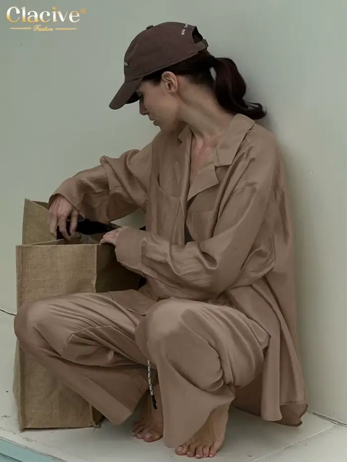 ClacMarkets-Ensemble 2 Pièces Marron Élégant pour Femme, Chemise à Manches sulf, Pantalon Large Tail