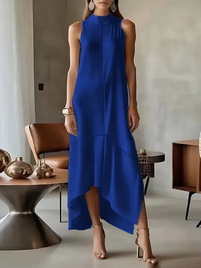 Elegantné šaty z polyesteru a elastanu pre ženy, asymetrické, rolák, bez rukávov, ideálne pre večierky a formálne akcie