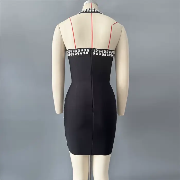 Robe de soirée mini pour femme, style halter, ornée de strass et de diamants, idéale pour les clubs 