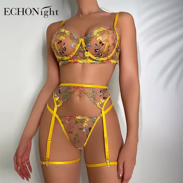 Dámska intímna sada EchoNight z polyesteru s kvetinovou výšivkou, sexy a nastaviteľná pre špeciálne príležitosti pre ženy
