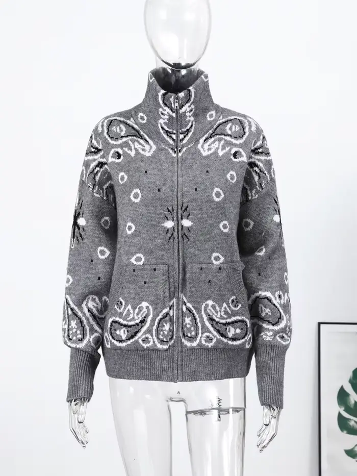 Cardigan Jacquard Printemps à Col Montant pour Femme, Manteau Chic à Manches Longues avec Fermeture 