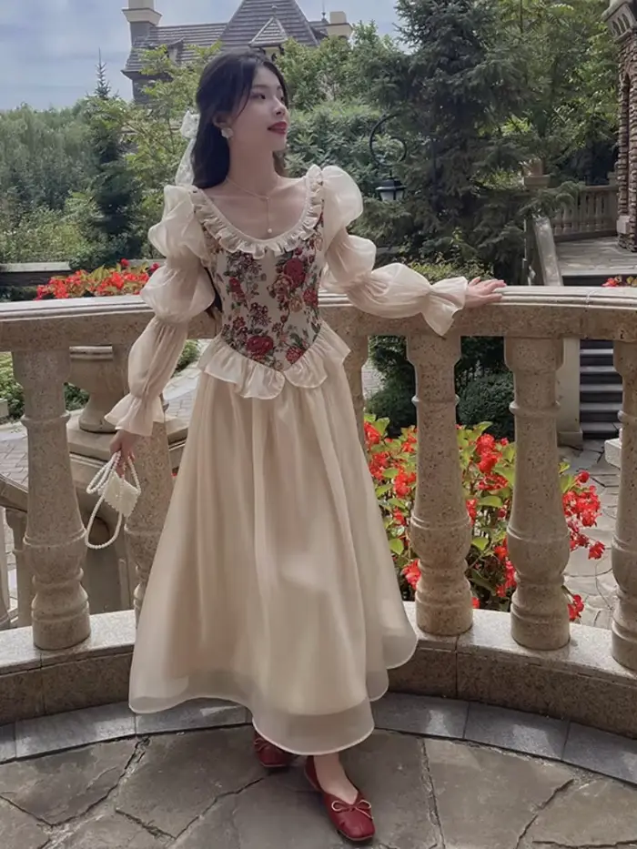Vintage élégant imprimé robe florale femmes 2023 automne col rond décontracté soirée robe mi-longue