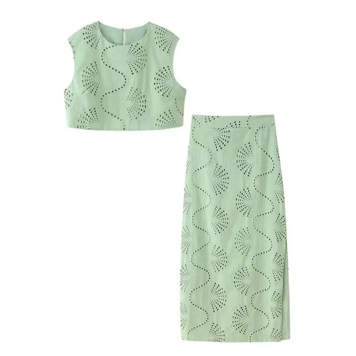 ETJ 2025 nouvelles femmes élégantes et douces broderie creuse col rond veste et taille haute fente j