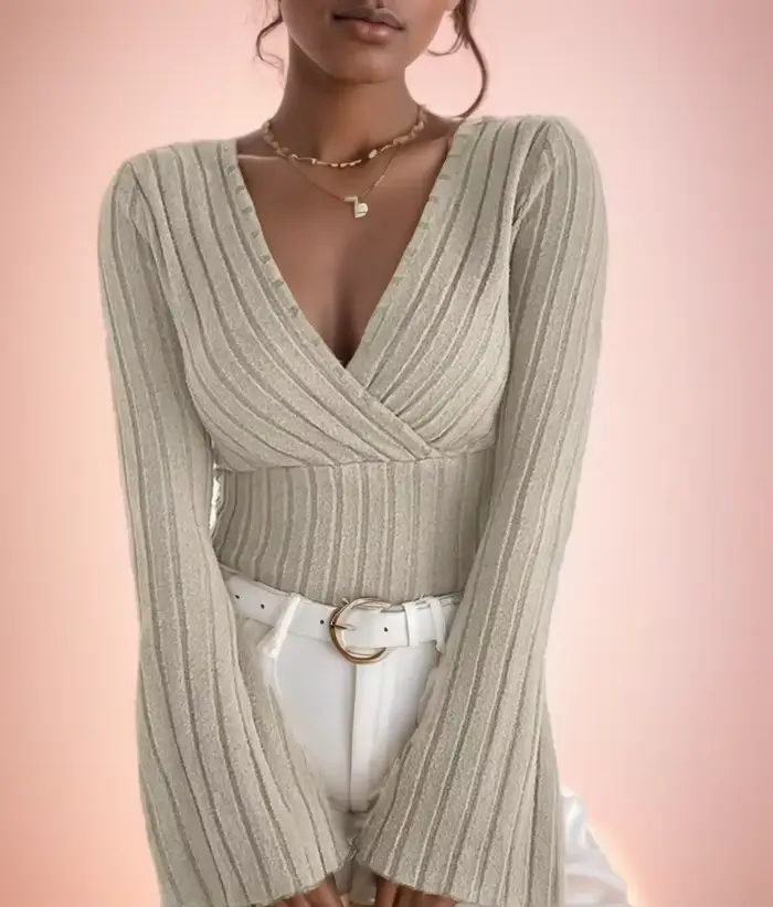 T-shirt à manches longues et col en V pour femmes, chemise slim rayée sexy, Y, automne et hiver