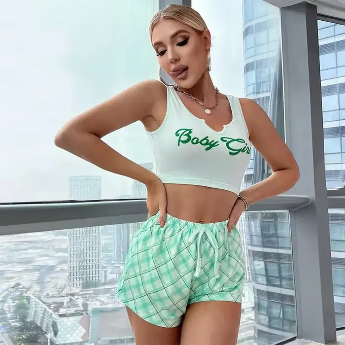 Ensemble de pyjama sexy pour femme, vêtements de nuit, lingerie décontractée, caraco imprimé, short 