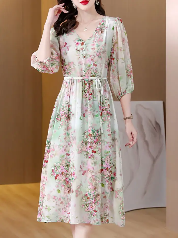 Robe de soirée mi-longue à fleurs pour femmes, col en V, mode décontractée, tenues de plage, tambour