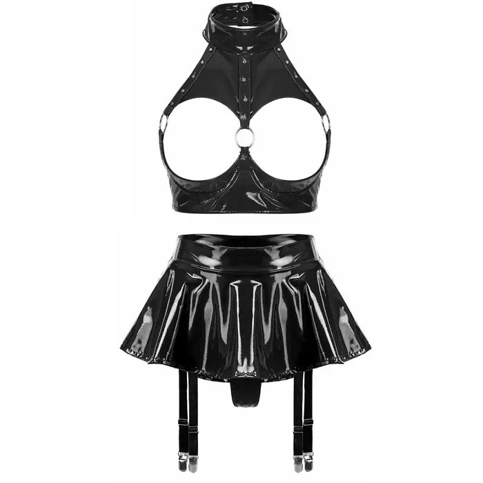 Ensemble de lingerie sexy pour femme en cuir verni effet mouillé, soutien-gorge sexy sans armatures à bonnets ouverts avec volants, strings intégrés, porte-jarretelles et mini-jupes