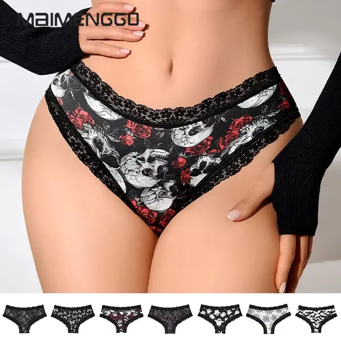 Ensembles de lingerie féminine en dentelle avec motifs fantômes chauves-souris papillons style gothique culottes brèves pour femmes toutes saisons