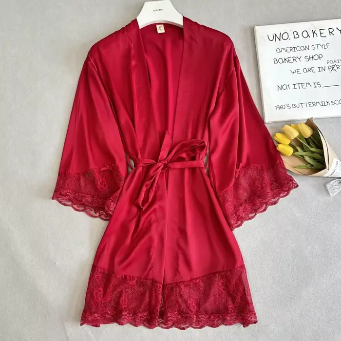 Biele svadobné ranné šaty, lem čipka, župan, Kimono, elegantné nočné oblečenie, v-neck, intímne spodná bielizeň v saténe