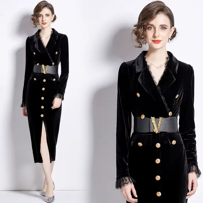 Robe damas velours et dentelle pour femme élégante, silhouette une ligne, boutonnage simple, polyester, automne hiver, bureau et occasions spéciales
