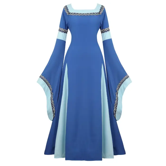 Femmes médiévale Renaissance trompette manches rétro Loor longueur robe dentelle garniture irlandais
