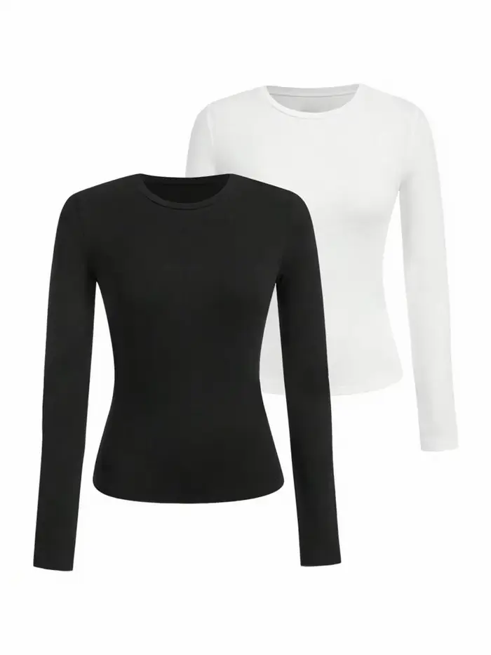 T-shirt femme manches longues couleur unie - Tissu tricoté polyester, col rond, coupe régulière, sty