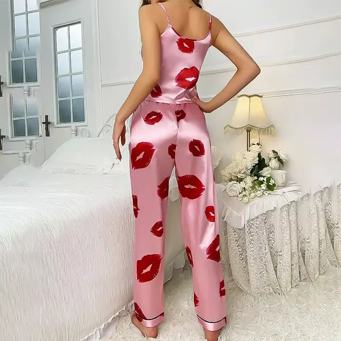 Jules tlačené saténové pyžamo set pre ženy, V-neck top a elastické nohavice, pohodlné pyžamo, nočné oblečenie