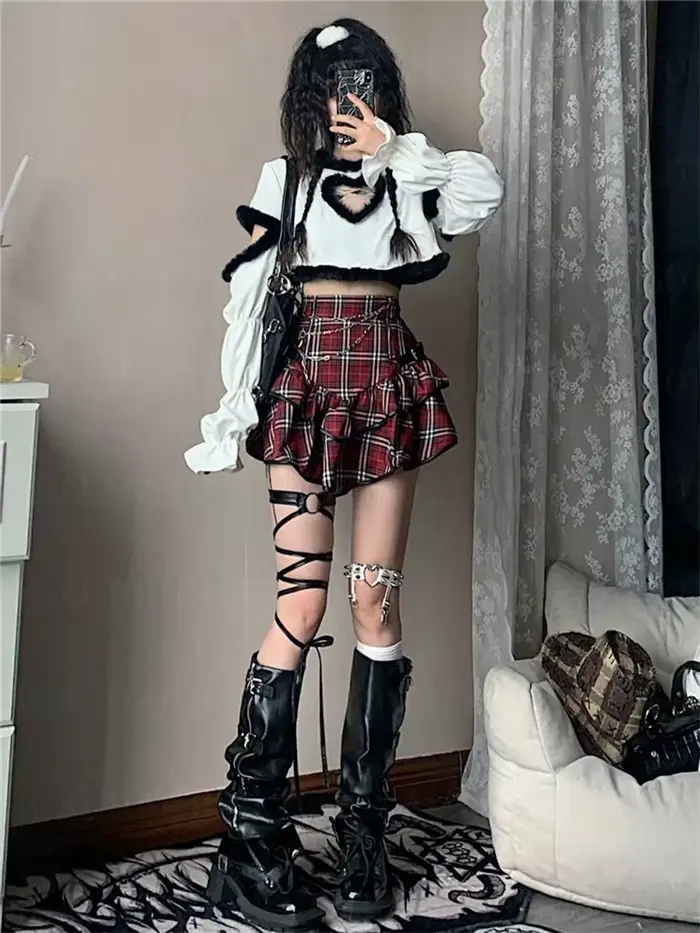 AltGoth Punk gothique rouge jupe à carreaux femmes Vintage Y2k e-girl Emo Alt taille haute gâteau ju