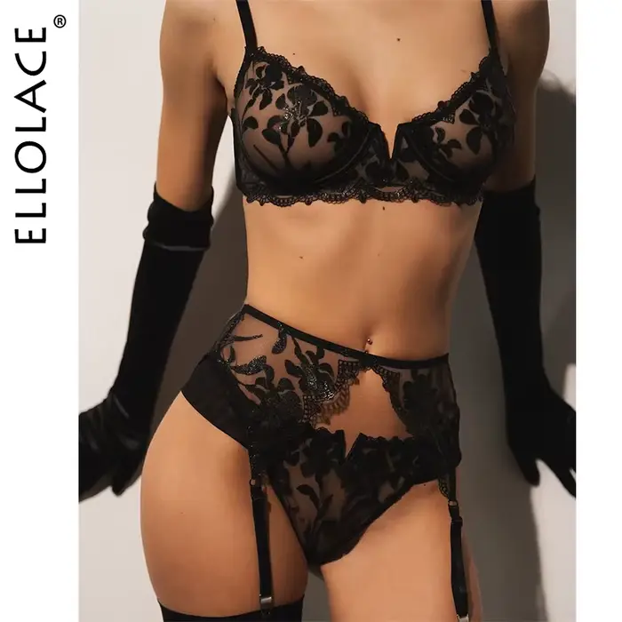 Ellolace Zvodná bielizeň Sexy prémiová horúca 3-dielna súprava s rukavicami a pančuchami glamour priesvitná sada intímnej výšivky