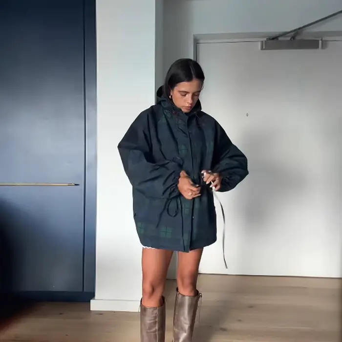 Veste rétro à carreaux pour femme, col montant, cordon de serrage à la taille, coupe-vent court à ca